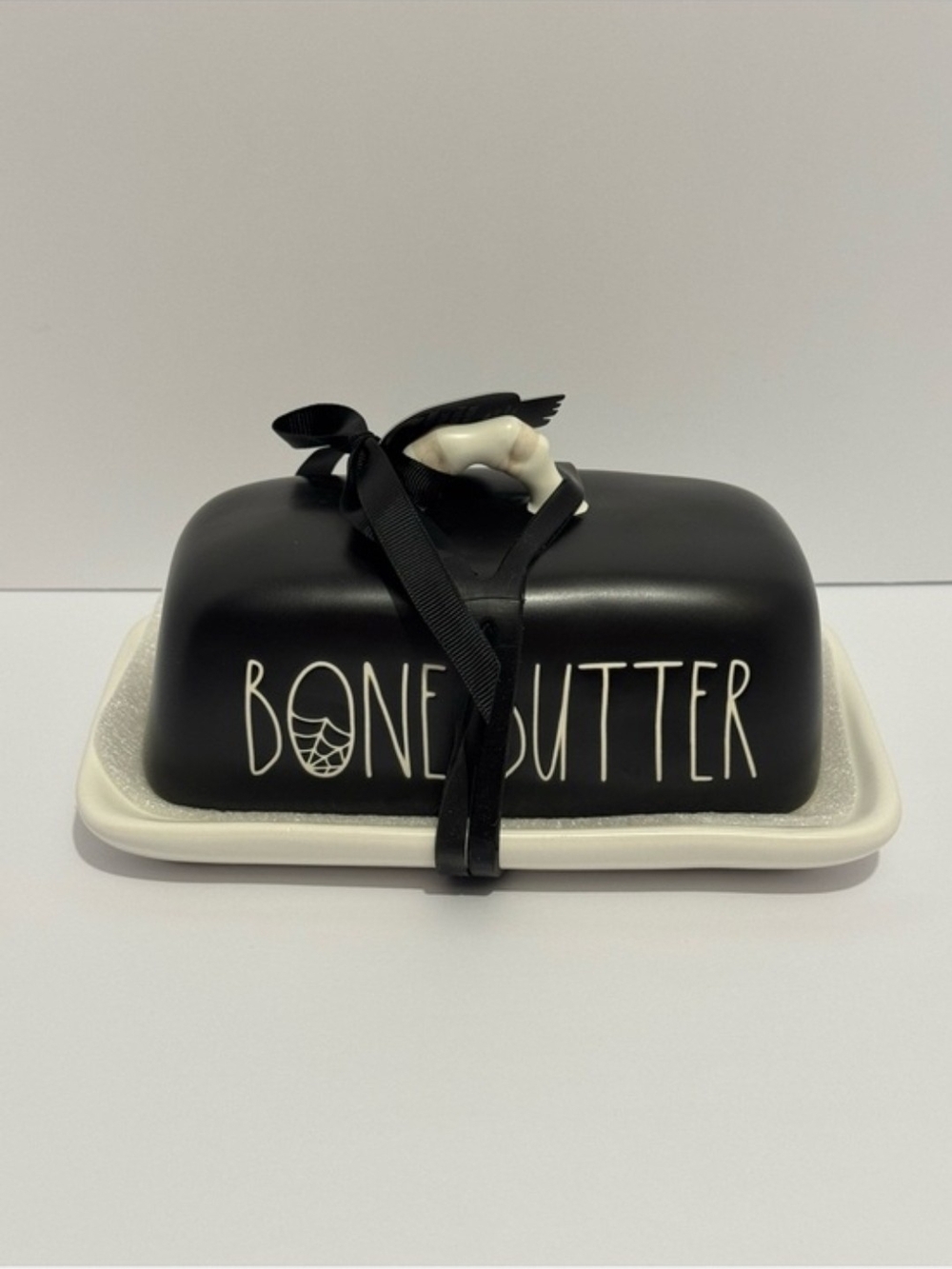 Rae Dunn Black Bone Butter Dish with White Tray